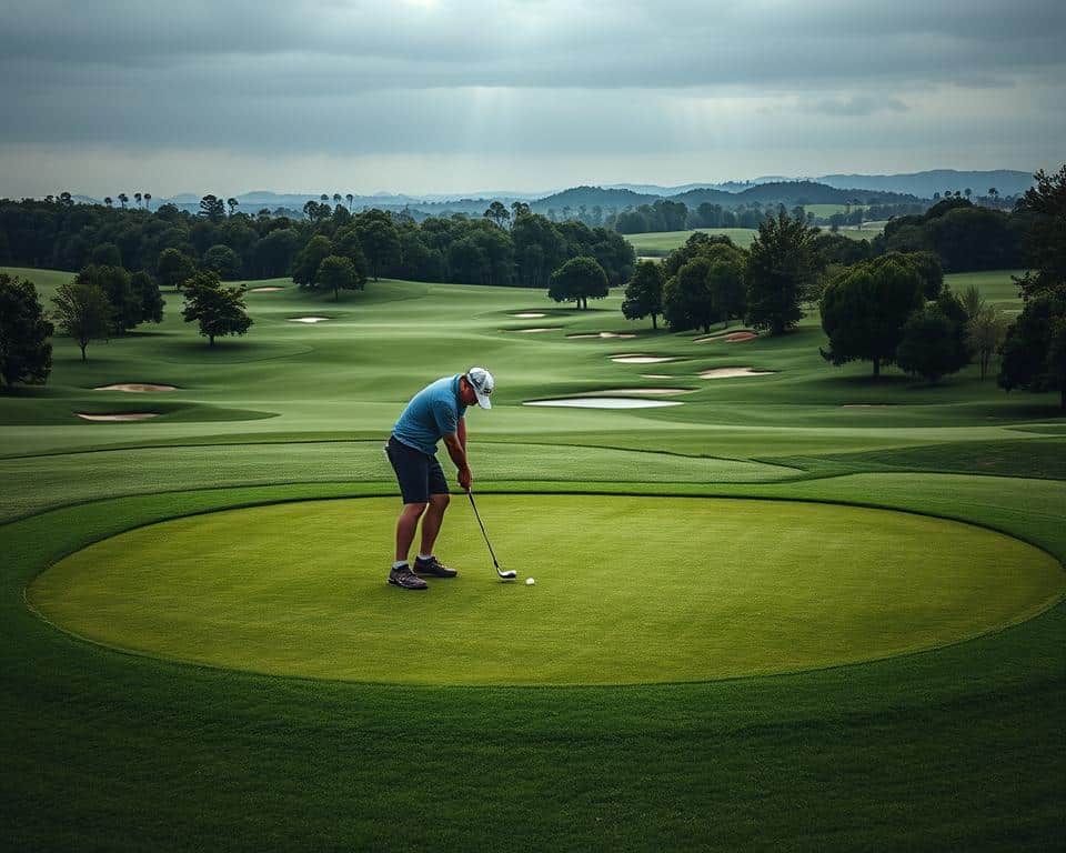 A serene golf course unfolds, its lush fairways and verdant greens inviting strategic exploration. In the foreground, a golfer carefully examines the contours of the putting green, considering the optimal approach to sink their putt. The middle ground reveals a series of bunkers and water hazards, each posing a unique challenge to be navigated with precision. In the distance, the landscape undulates, hinting at the nuanced hole design that rewards thoughtful course management. Soft, directional lighting accentuates the textures of the manicured turf, while a subtle, overcast sky sets a contemplative mood, encouraging the golfer to plan their next shot with care and intention.