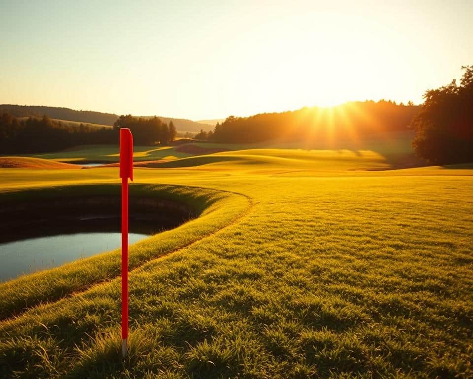 A vibrant golf course landscape, with red and yellow stakes prominently displayed in the foreground. The stakes are placed along the edge of a water hazard, casting long shadows across the lush, well-manicured grass. The scene is bathed in warm, golden sunlight, creating a serene and inviting atmosphere. In the middle ground, a fairway winds its way through the rolling hills, while in the background, a densely wooded area frames the scene. The image is captured with a wide-angle lens, providing a comprehensive view of the golf course's layout and the significance of the red and yellow stakes within the overall design.