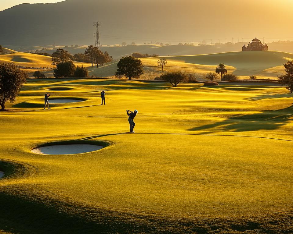 A well-lit golf course with three distinct par 3 holes in the foreground. The fairways are a lush green, flanked by trees and bunkers. Golfers in the middle ground demonstrate their accuracy, their swings captured in motion as they tee off. In the background, the landscape gently rolls, creating a sense of depth and tranquility. The scene is bathed in warm, natural lighting, casting long shadows and highlighting the strategic placement of the holes. The overall atmosphere conveys the focused challenge and skill required to navigate par 3 golf courses.