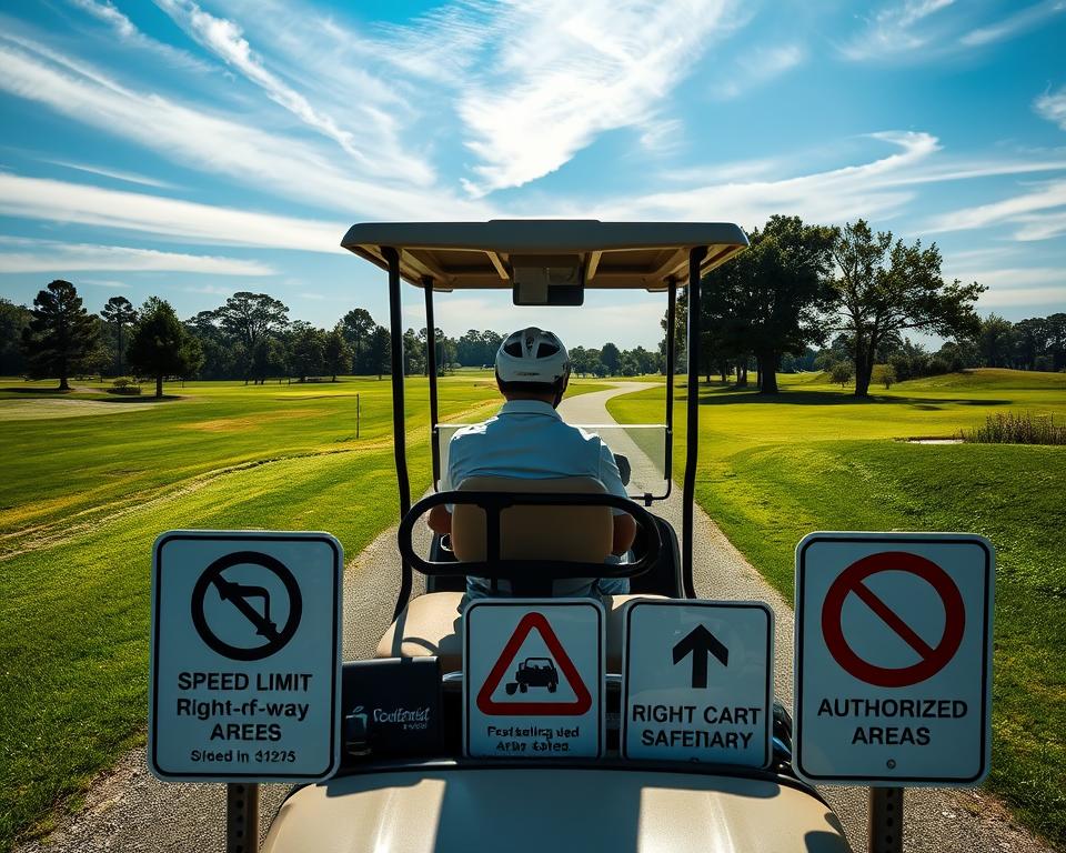 Golf cart navigating a lush, verdant golf course with carefully manicured fairways and greens. The cart is centered in the frame, with a golfer seated and wearing a helmet for safety. In the foreground, clear signs outlining golf cart safety rules, such as speed limits, right-of-way, and authorized areas. The background features a tranquil, sunny day with wispy clouds in the sky, creating a serene atmosphere. The lighting is natural and evenly distributed, highlighting the safety equipment and signage. The overall composition conveys a sense of responsibility and care for one's surroundings while enjoying the game of golf.