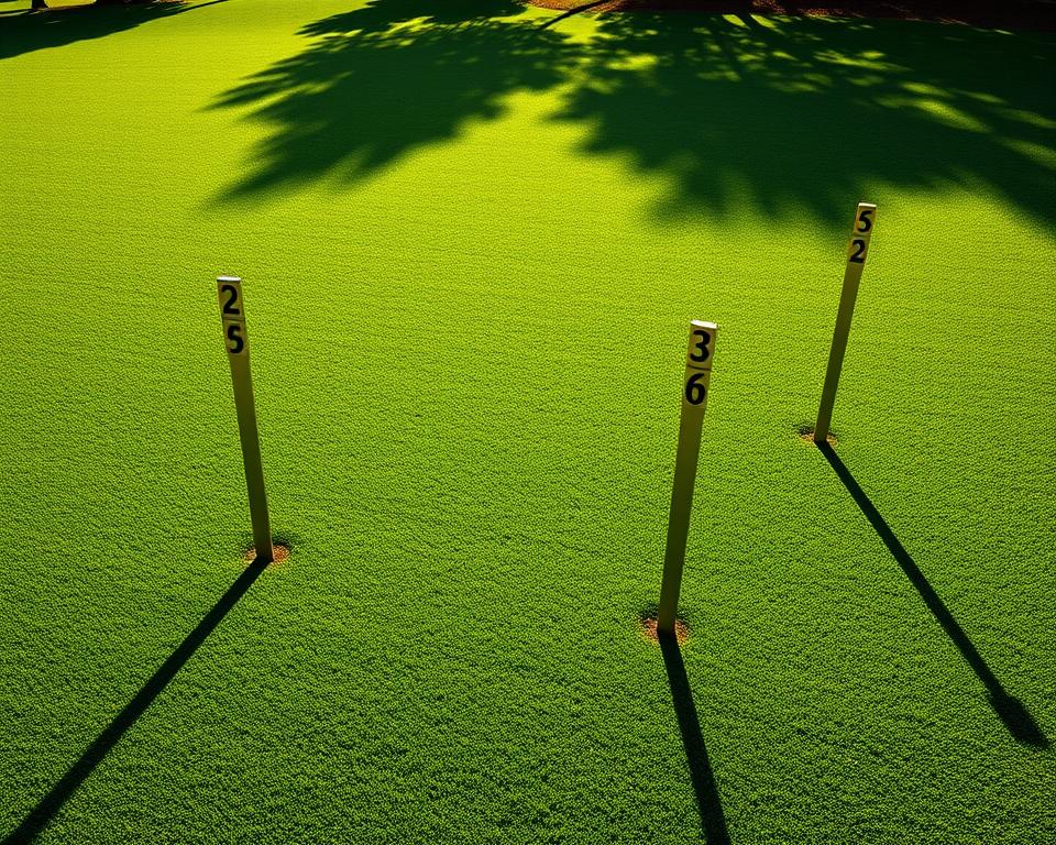 golf course distance markers on a perfectly manicured green fairway, with a sleek and modern design featuring tall minimalist posts in brushed metal, each post displaying the distance in large, legible numbers, the markers evenly spaced and perfectly aligned, casting long shadows across the lush grass under a bright, overhead sun, the scene exuding a sense of precision, clarity, and attention to detail